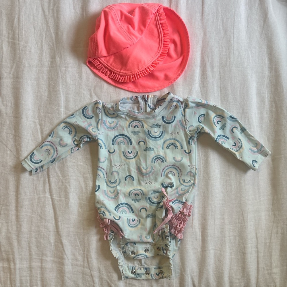 RuffleButts 6-12m Rainbow Print Long Sleeved One Piece Bathing Suit w/ Hat